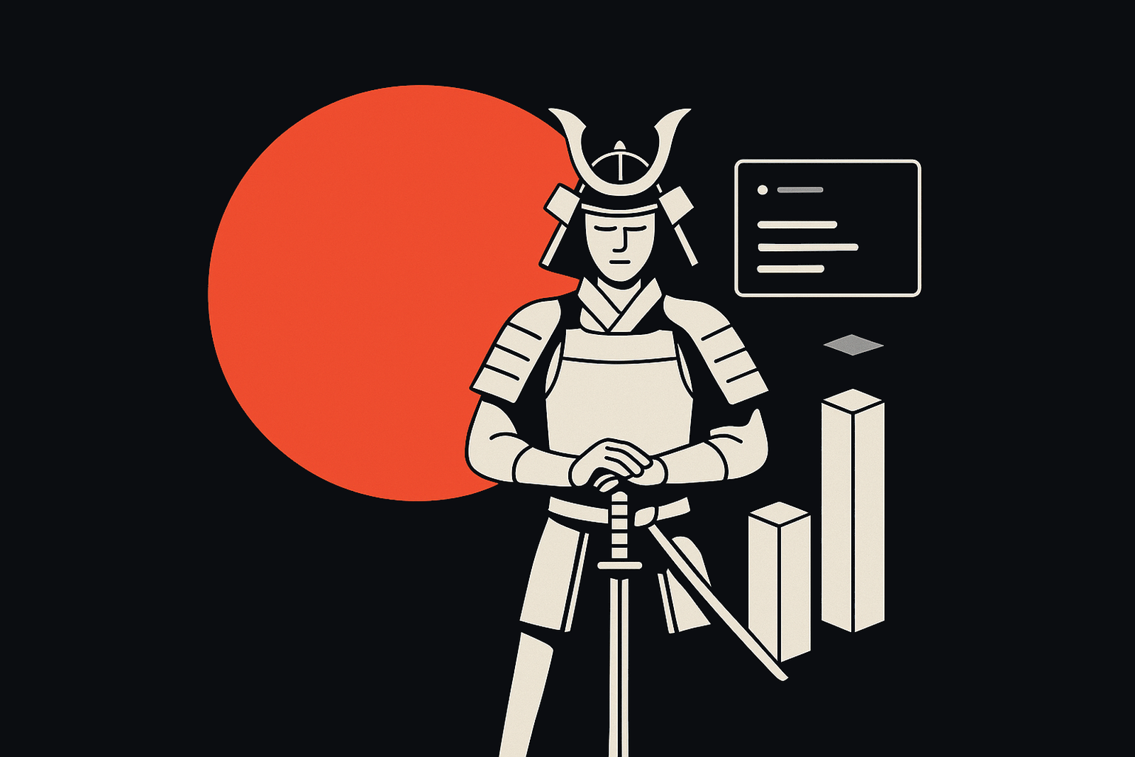 A samurai stands calm with a katana beside a UI panel and rising columns, disciplined craft building software that scales